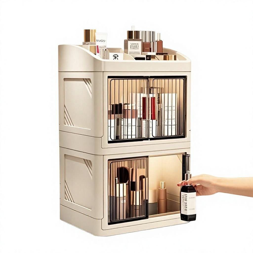 Cross-border Foldable Double-door Multi-tier PP Acrylic Affordable Luxury Storage Box Stationery Organizer Dust-proof Home